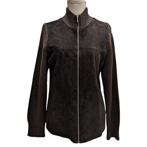 Sisley Italy Women's Brown Wool & Leather Suede Full Zip Jacket Size M